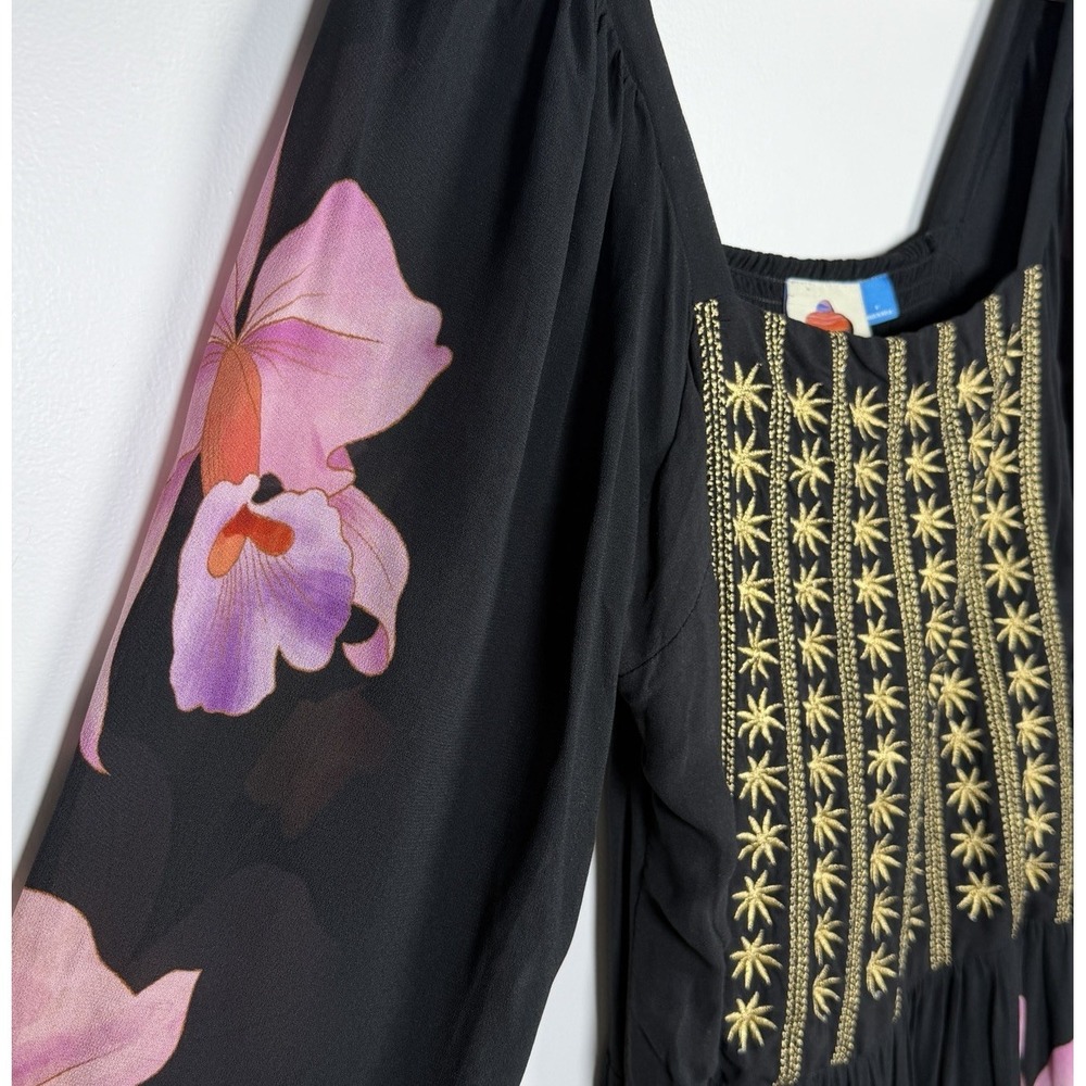 FARM Rio Embroidered Goddess Orchid Floral Long Sleeve Midi Dress Black Small - Picture 5 of 16